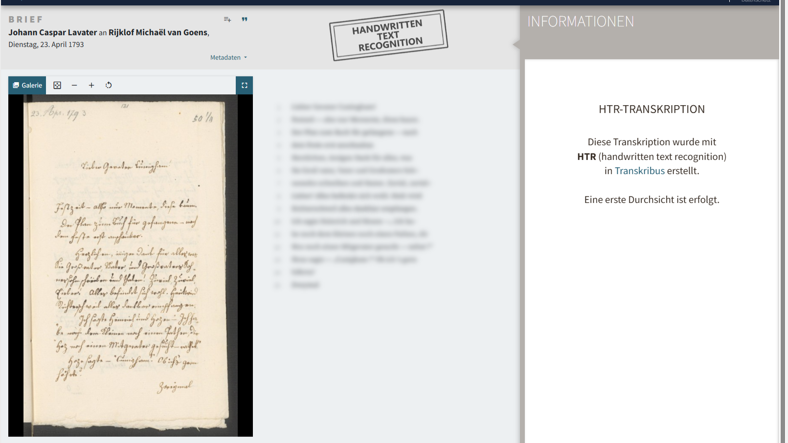 Anzeige eines mit HTR transkribierten Briefes, der beim Aufrufen der Seite kurz verschwommen bleibt