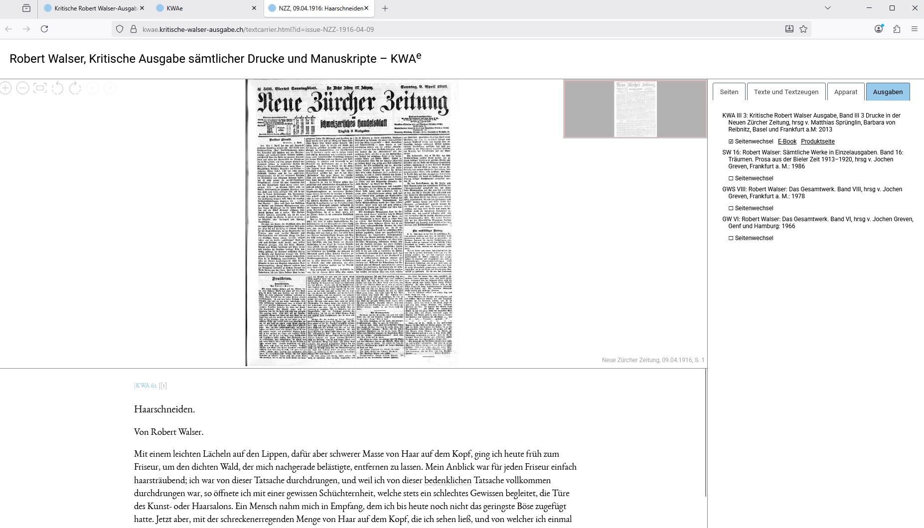 Anzeige von Digitalisat und Transkription am Beispiel des in der NZZ unter dem Titel "Haarschneiden" publizierten Textes von Robert Walser